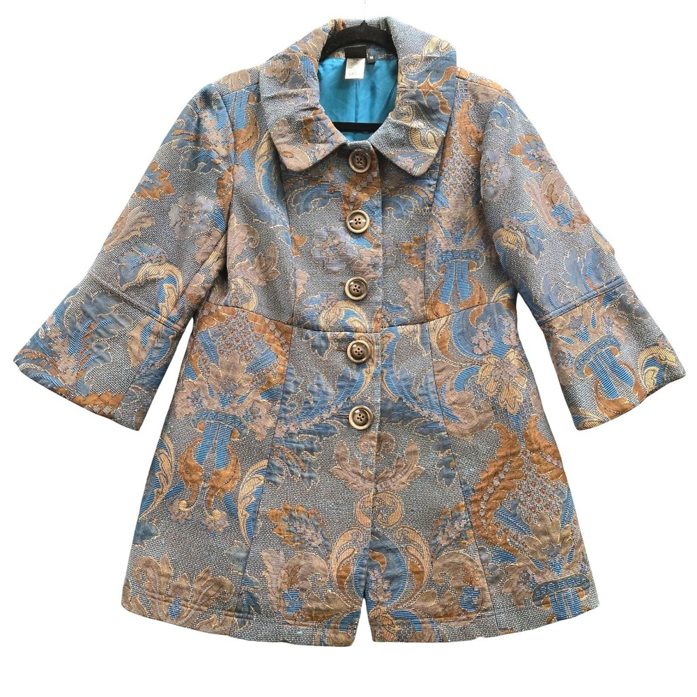 Twee Regencycore Brocade Jacket Floral Button Front 10‎ Blue Gold 3/4 Sleeve